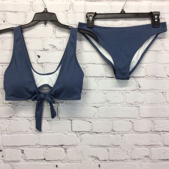 Cupshe Deep Love Tie Front Bikini Women's Size M Slate Blue Ribbed Beachy Sexy - Picture 2 of 12